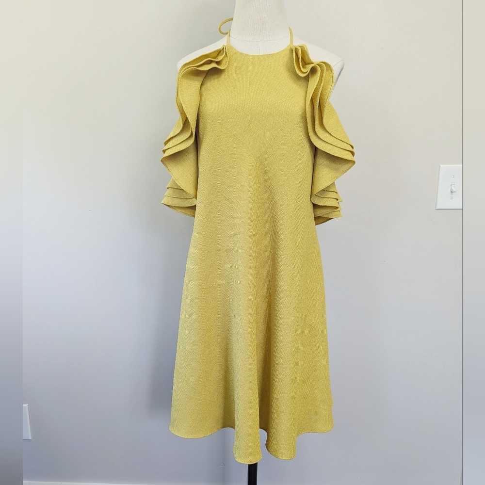 BDHLN Badgley‎ Mischka High Neck Ruffle Halter Dress Anthropologie Citron